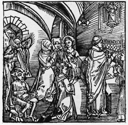 De duivels schrijven het geklets van de kooplieden tijdens de mis op - in „Der Ritter von Turn” van de ridder Marquard vom Stein, 1498