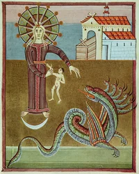 De vrouw bekleed met de zon wordt aangevallen door de draak met zeven hoofden, facsimile van de Bamberg Apocalyps