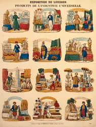 Twaalf tentoonstellingsstands van verschillende landen op de Grote Tentoonstelling in Londen, uitgegeven door Dambour & Gangel, Metz, 1851