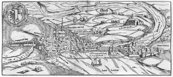Zicht op Genève, uit Cosmographie Universelle door Sebastien Munster (1488-1552) Basel, gepubliceerd 1559