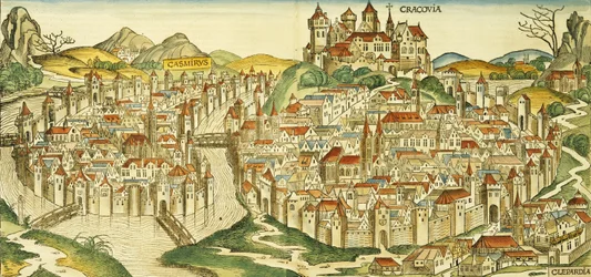 Uitzicht op de stad Krakau (Kracow), uit de Neurenberg Kroniek door Hartmann Schedel (1440-1514) 1493