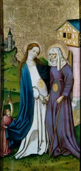 Visitatie. Ontmoeting tussen de Maagd Maria en Sint-Elizabeth. Schilderij van de Duitse school