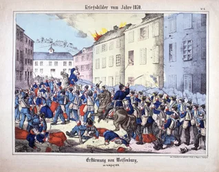 Oorlog van 1870: De verovering van Wissembourg (Slag bij Weissenburg) tussen de soldaten van het Pruisische leger en de Fransen op 4 augustus