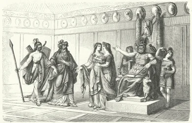 Wotan ontvangt de muzikanten geïntroduceerd door Bragi, de god van poëzie en zang