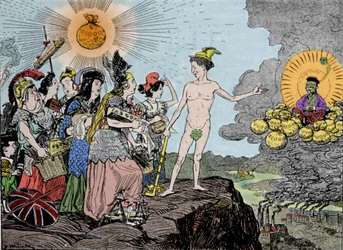 Gele dreiging: de vijand uit het Oosten komt dichterbij - Bereid je voor op liquidatie - Volkeren van Europa verkoop je duurste goederen! Plaat uit Kladderadatsch, Berlijn 1895