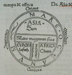f.177v T-in-O kaart, met letterpress plaatsnamen, uit Isidore van Sevilla, Liber Etimologiarvm