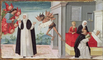 St. Catharina van Siena Bemiddelt bij Christus om de Stervende Zuster Palmerina te Bevrijden van haar Pact met de Duivel