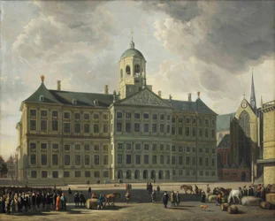 Een uitzicht op de Dam met het nieuwe stadhuis, de Nieuwe Kerk en de Waag, Amsterdam