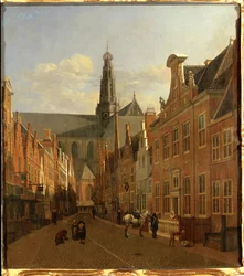 Straat in Haarlem met de St. Bavonkerk op de achtergrond (olieverf op eikenhout)