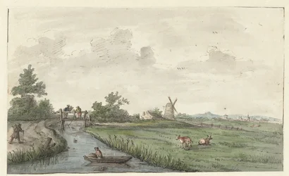 Landschap met een sloot en een landweg