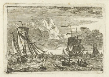 Diverse zeilschepen en een sloep op zee