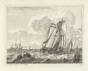 Zeilschepen en een roeiboot op open water