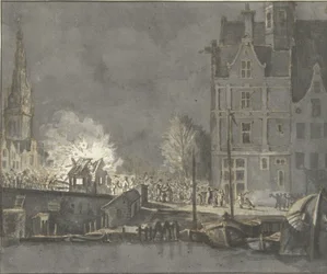 Verbranden der douanehuisjes bij de Nieuwebrug te Amsterdam