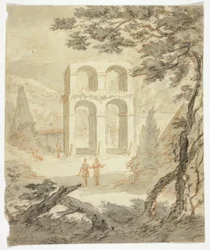 Figuren onder klassieke ruïnes