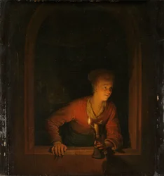 Meisje met olielamp bij raam