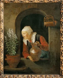 Oude vrouw bij het raam, geeft haar bloemen water (schilderij)