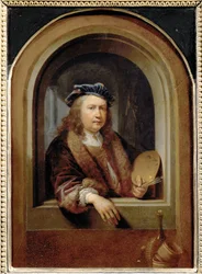 Portret van de kunstenaar met een schilderspalet ...