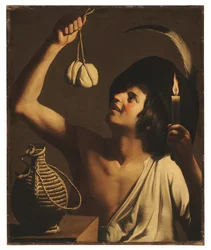 Een jonge man met een brandende kaars en een scamorza kaas, een fiasco fles naast hem (olieverf op doek)