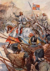 Hendrik V voor Harfleur (kleurenlitho)