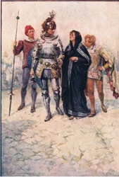 Prins Arthur leidt Belge en haar zonen het kasteel binnen, verhalen uit de Faerie Queen uitgegeven door George Harrap and Company