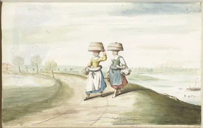 Twee boerenvrouwen lopend in een landschap