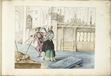 Vrouw (Aeltien?) staand naast de Dood in de Sint-Michaëlskerk, Zwolle