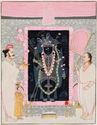 De hoofdpriester Tilakayat Govardhanlalji brengt offers aan Shri Nathji ter viering