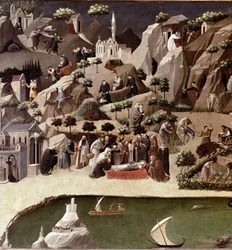 De Thebaïde van de kluizenaars, detail. Beschrijving van het leven van kluizenaars in de woestijn. Toegeschreven aan Gherardo Starnina (14e-15e eeuw). Omstreeks 1400. Afmetingen 2 x 0.8 m. Florence, Galleria degli Uffizi