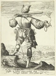 Een musketier van achteren gezien