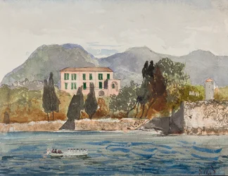 Roeiboot met de Borbone vlag nadert een groot huis aan de Napolitaanse kust, met toevoegingen door Prins Gaetano Maria Federico di Borbone (1846-1871)