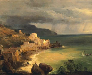 Storm aan de Amalfikust en Golf van Napels door Giacinto Gigante (1806-1876), Italië