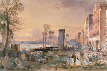Uitzicht op Napels vanaf Marinella, door Giacinto Gigante (1806-1876), potlood, aquarel en ceruse (wit lood) op papier, Italië