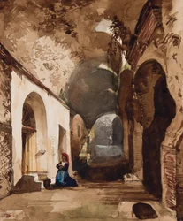 Vrouw die bidt bij gewelfd heiligdom in het amfitheater van Pozzuoli, met toevoegingen door Prinses Maria Annunziata di Borbone (1843-1871)