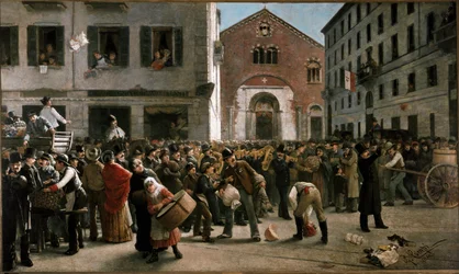 Fondsenwerving in corso Garibaldi in Milaan voor de slachtoffers van overstromingen nabij Verona, 24 december 1882