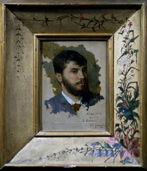Zelfportret met geschilderde lijst met bloemmotief