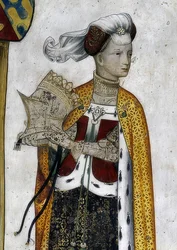 Voorstelling van de markiezen van Saluzzo en hun echtgenotes als historische en mythologische helden en heldinnen. (detail): Riccarda di Sicilia, echtgenote van Tommaso II, als Amazonenkoningin Lampeto. 1418-30