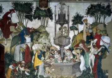 De bron van de jeugd. Detail: aankomende personen en personen die in de bron baden. 1418-30