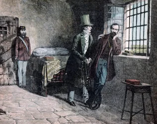 Risorgimento: de Italiaanse patriot Giuseppe Mazzini (1805-1872) gevangen in Savona in 1830 ontmoet zijn vader die hem aanspoort de Sardijnse staten te verlaten. Gravure door Giacomo Mantegazza (1853-1920) 1884