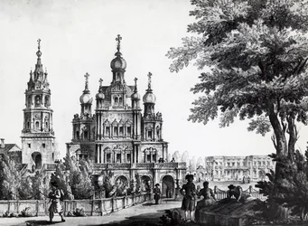 Kerk van de Hemelvaart en Gagarin-paleis in Moskou, tekening door Giacomo Quarenghi Domenico, Rusland
