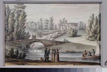 De tempel van Apollo en de waterval in het Pavlovsk park (Sint-Petersburg)