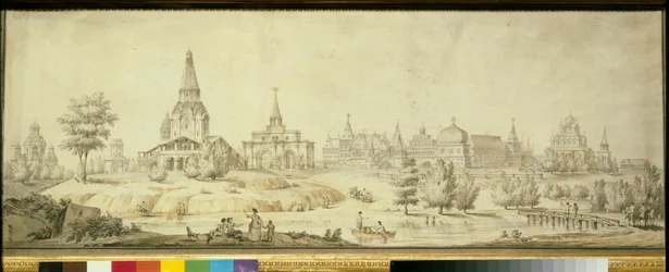 Uitzicht op de wijk Kolomenskoje in Moskou, links de Hemelvaartskerk