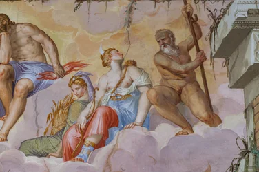 Ceres (godin van de oogst met een bundel aren) en Diana (godin van de jacht met de boog), detail van de Kamer van Olympus, ca.1557