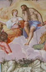 Juno en Jupiter liggend op wolken, boven architectonische ruïnes, detail van de Kamer van Olympus, ca.1557