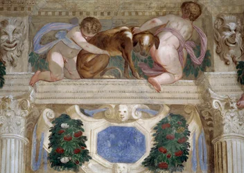 Putti met een windhond, fruitguirlandes en mascarons