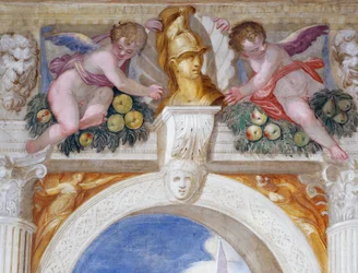 Putti met buste van een held tussen mascarons en fruitguirlandes