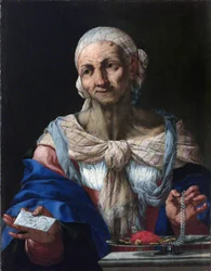 Oude vrouw met een parelketting en brief (Vanitas)