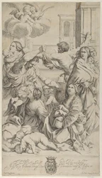 Slachting van de Onschuldigen, groep vrouwen en kinderen aangevallen, twee engelen, ca. 1640-70