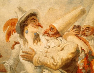 Carnaval door Giandomenico Tiepolo, fresco, detail met drie maskers, Ca 