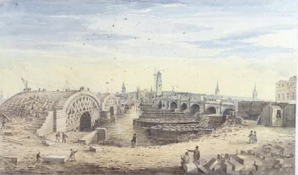 Bouw van de nieuwe London Bridge naast de oude London Bridge