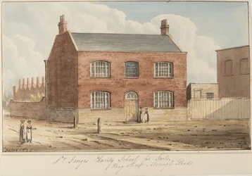 Uitzicht op St Georges Charity School for Girls aan King Street, Southwark. King Street is nu bekend als Newcomen Street, 1825